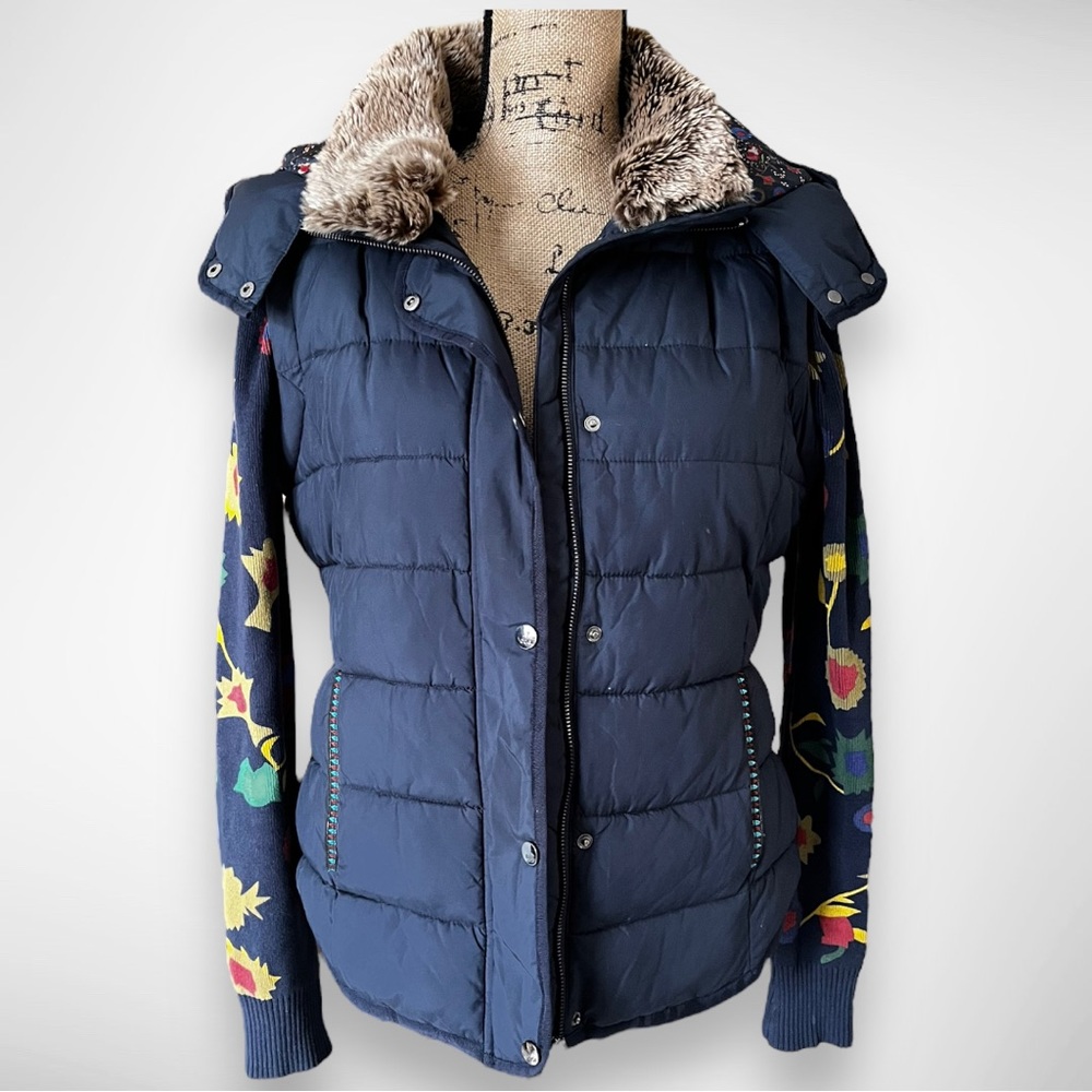 DESIGUAL Women's Navy 2 in 1 Puffer Jacket Removable Sleeves And Hood Large